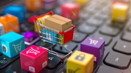 Modern ecommerce platform bustling with diverse happy shoppers vivid inviting colors online shopping revolution