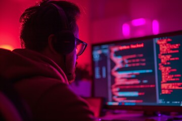a computer hacker looks over his malicious code in preparation for a cyber security hack