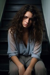 Fototapeta premium beautiful brunette with curly hair with sadness and depression
