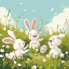 Cute funny zachikas playing in a flowery sunny meadow looking for easter eggs, vector illustration for your design.