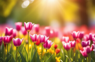 Spring flowers background. Sunny blurred background.