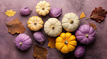 A group of pumpkins with dried autumn leaves and twig, on a violet color stone