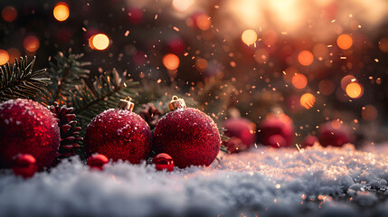 Fototapeta na wymiar red christmas balls on the snow, Red christmas balls 