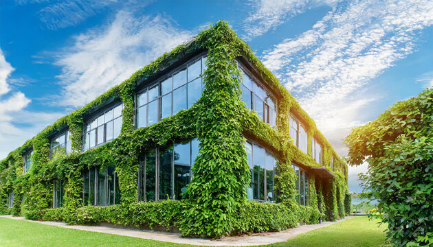Glass building house covered by green ivy with blue sky