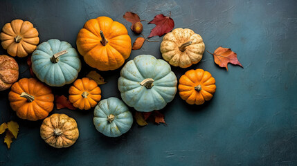 A group of pumpkins with dried autumn leaves and twig, on a aqua color stone