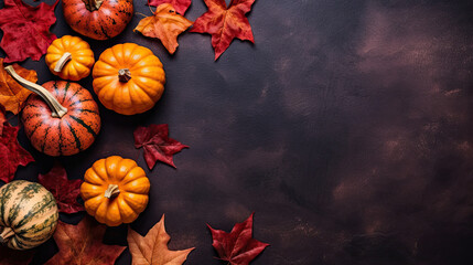 A group of pumpkins with dried autumn leaves and twig, on a dark maroon color stone