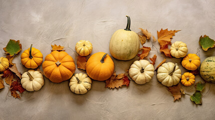 A group of pumpkins with dried autumn leaves and twig, on a light lime color stone