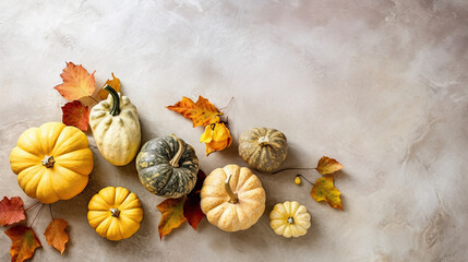 A group of pumpkins with dried autumn leaves and twig, on a light lime color stone