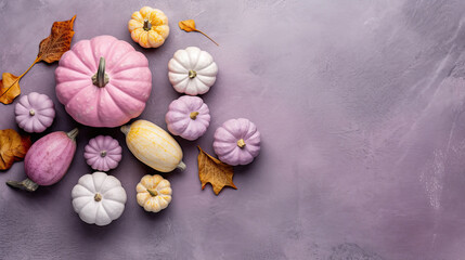 A group of pumpkins with dried autumn leaves and twig, on a light purple color stone