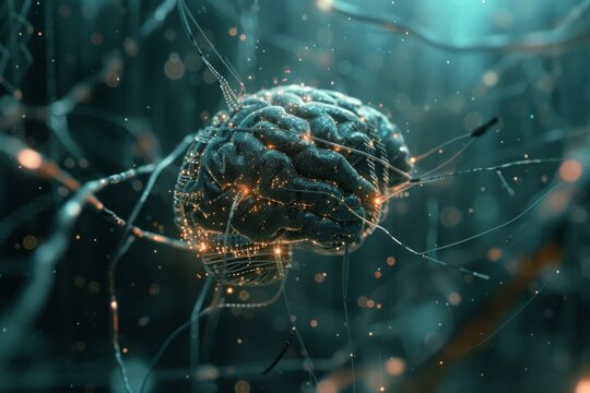 AI Brain Chip neurosynaptic computing paradigm. Artificial Intelligence van mind neurotransmitter disorders axon. Semiconductor database server circuit board neural firing pattern