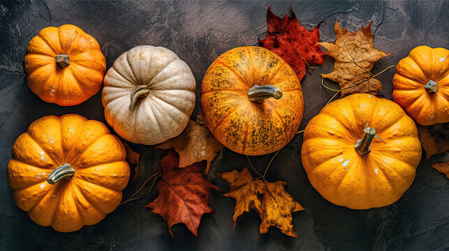 A group of pumpkins with dried autumn leaves and twig, on a vivid orange color stone