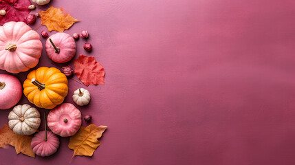 A group of pumpkins with dried autumn leaves and twig, on a vivid pink color stone