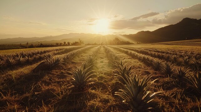 Pineapple Farm With Rows Of Pineapples Under The Sun