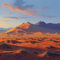 Vast Sand Dunes at Dusk: Expansive sand dunes at dusk, with warm tones and long shadows, capturing the solitude and beauty of the desert.