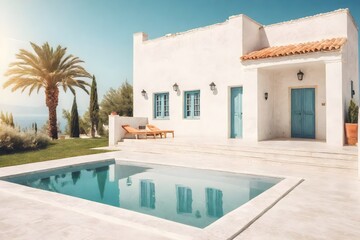 Private villa with pool under the scorching sun. Beautiful architecture of a sunny country. Vacation and tourism concept.