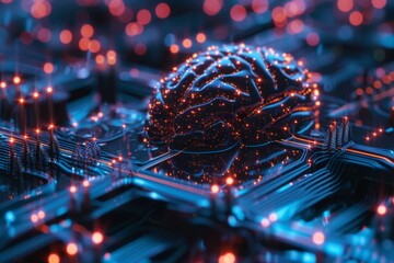AI Brain Chip software testing. Artificial Intelligence neurotechnology implants human central sulcus mind circuit board. Neuronal network ebl smart computer processor nanomachines - obrazy, fototapety, plakaty