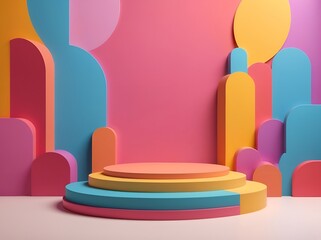 Fototapeta premium Podium, bright multicolored background. product platform, demo studio 