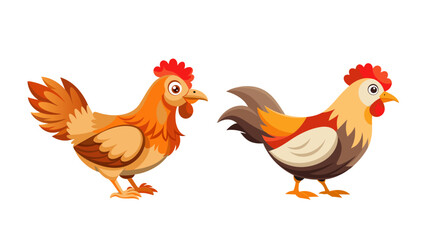 Chicken rooster and hen set vector, isolated. 