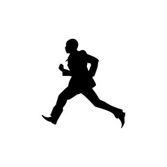 Fototapeta na wymiar A leader or sprinter silhouette in a suit, running with determination, embodies ambition, urgency and relentless drive. In the background of a fast moving country.