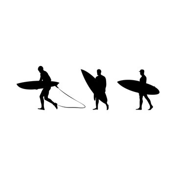 Surfing vector black silhouettes offer a dynamic representation of surfers, perfect for graphic design projects and digital artwork. These images encapsulate the excitement and power of sports