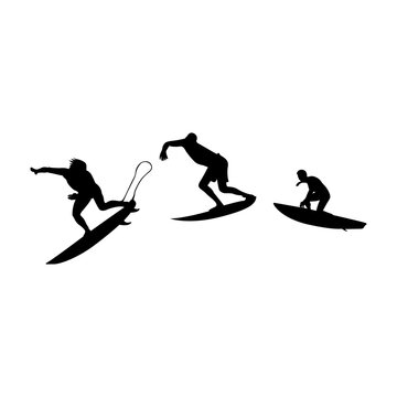 Surfing vector black silhouettes offer a dynamic representation of surfers, perfect for graphic design projects and digital artwork. These images encapsulate the excitement and power of sports