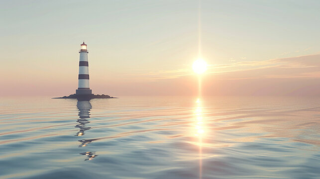 3d render of a geometric lighthouse casting a beam over a smooth sea