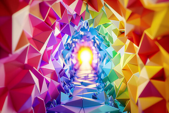 3d render of a kaleidoscopic tunnel made of tessellated triangles in vibrant colors