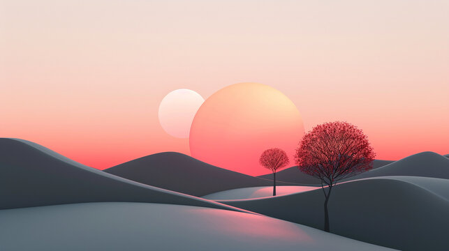 3d render of a minimalist geometric landscape with bold abstract trees