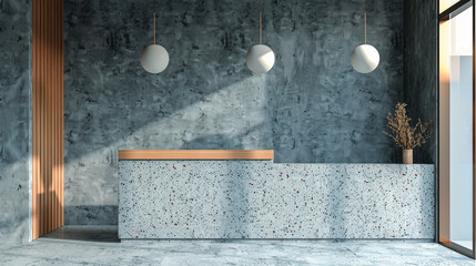 3d render of a minimalist geometric terrazzo signboard for a modern cafe