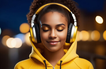 Happy black girl listening to music on headphones on the evening city background