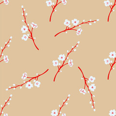 Seamless Pattern of Red Branches with White Blossoms on Beige Background