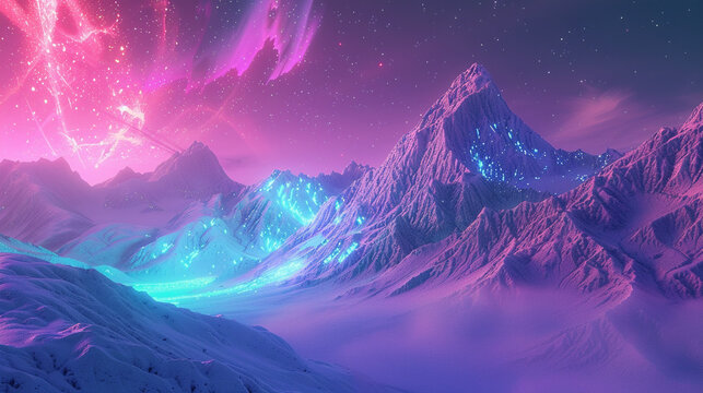 3d render of a neon aurora borealis over a digital mountain range