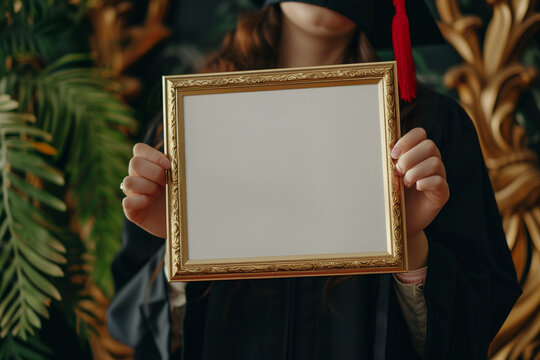 Blank diploma certificate mockup. Woman with empty photo frame with copy space close up