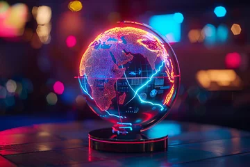 Fotobehang 3d render of a neon holographic globe with interactive features © pprothien