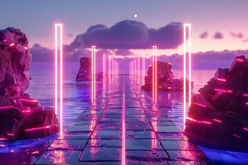 3d render of a neon lit digital bridge connecting virtual islands - obrazy, fototapety, plakaty