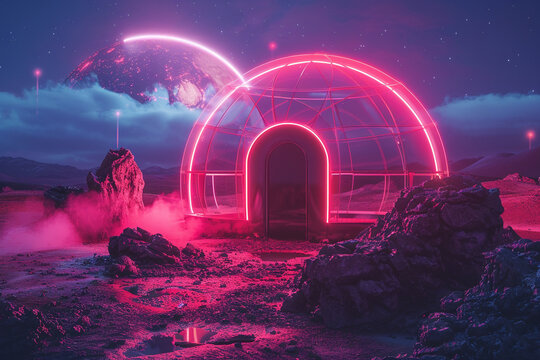 3d render of a neon lit space habitat with a biodome