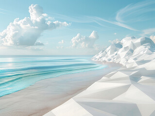 3d render of a serene geometric beach with angular waves and a flat sea