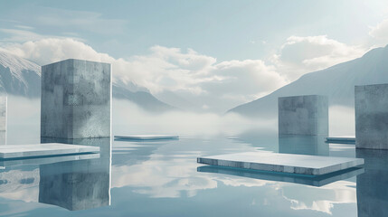 3d render of a serene lake reflecting geometric shapes in its still waters