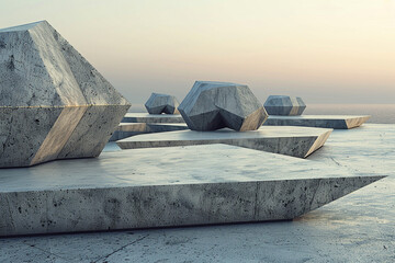 3d render of a series of angular geometric formations rising from a flat surface