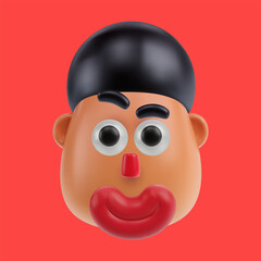 Funny cartoon human head smiling boy or men in realistic 3d style. Bright positive character design. Colorful vector illustration.