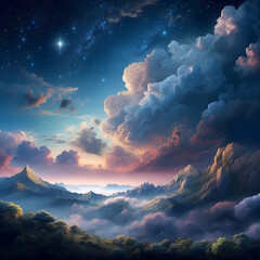 Night sky over the mountains, fantasy landscape.