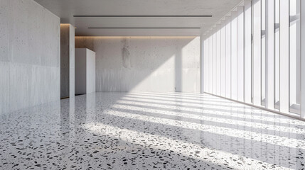 3d render of a sleek terrazzo and geometric patterned flooring in a minimalist dance studio