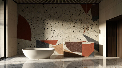 3d render of a terrazzo and geometric patterned wall in a sleek minimalist bathroom
