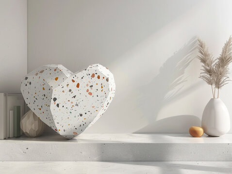 3d render of a terrazzo textured geometric heart in a minimalist environment