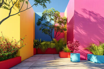3d render of a vibrant geometric abstraction of a minimalist garden