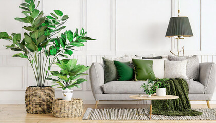 Living room interior with gray velvet sofa, pillows, green plaid, lamp and fiddle leaf tree in wicker basket on white wall background. 3D rendering. - obrazy, fototapety, plakaty