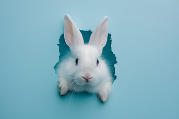 Curious Easter bunny or rabbit peeking through a hole on soft blue background, greeting card