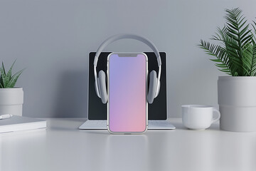Smartphone mockup display with grey wireless headphones on white desk gray background. Copy space. Audio technology apps, music podcasts books