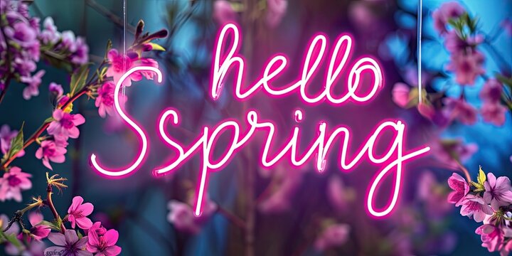 The image features a bright pink neon sign with the words "hello Spring" in cursive lettering, casting a warm glow against a backdrop of lush blue-toned foliage. Delicate pink flowers, possibly cherry