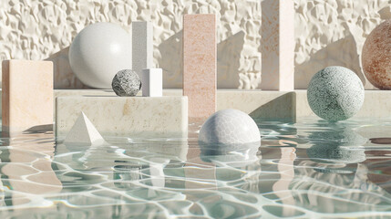 3d render of geometric shapes submerged in a terrazzo pool